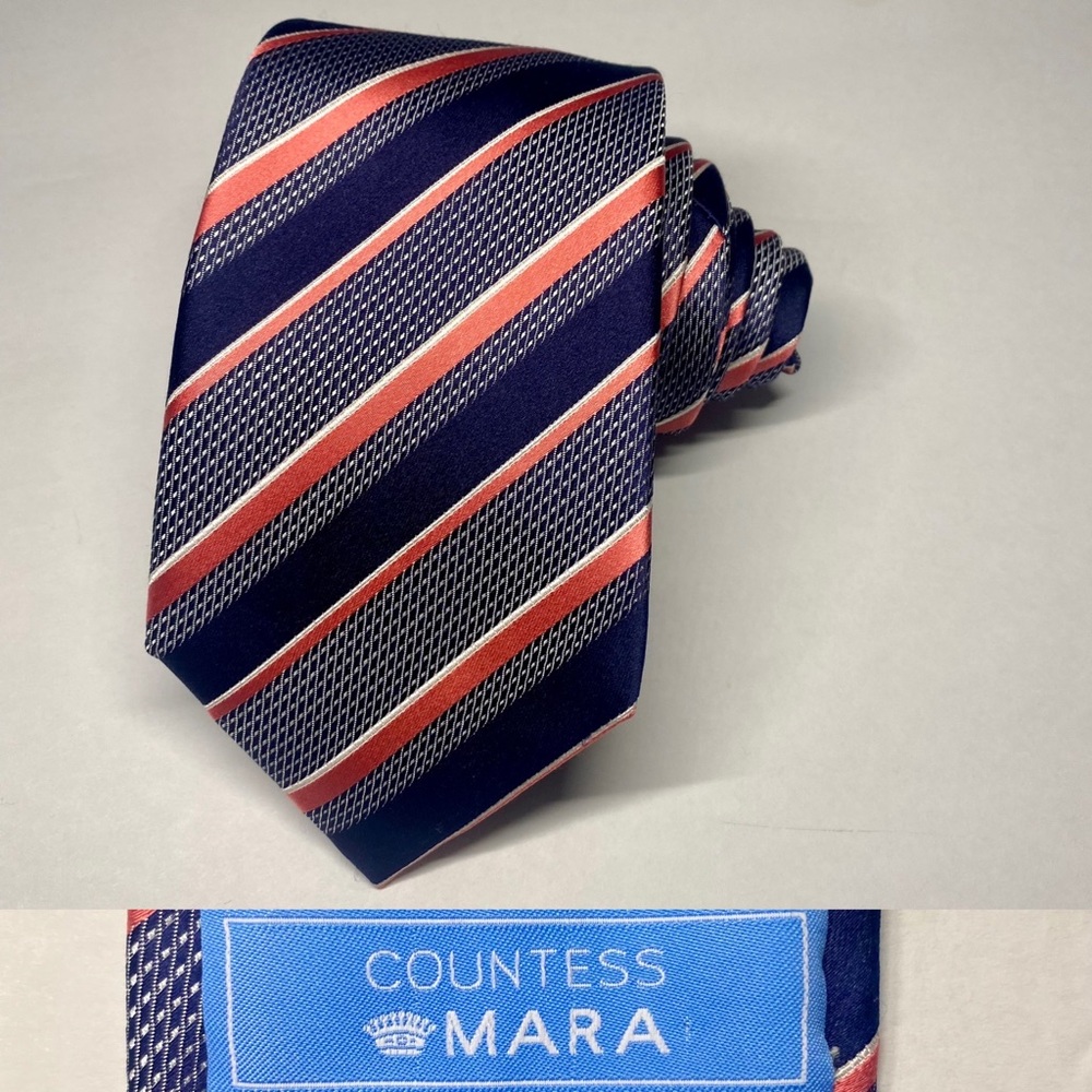 Countess Mara Blue & Salmon Silk Classic Striped Tie 3.75” x 60”